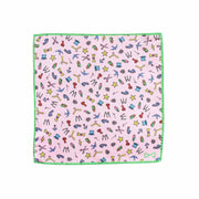 Fazzoletto da Taschino Rosa con bordo Verde in Seta Pattern Illogico aperto