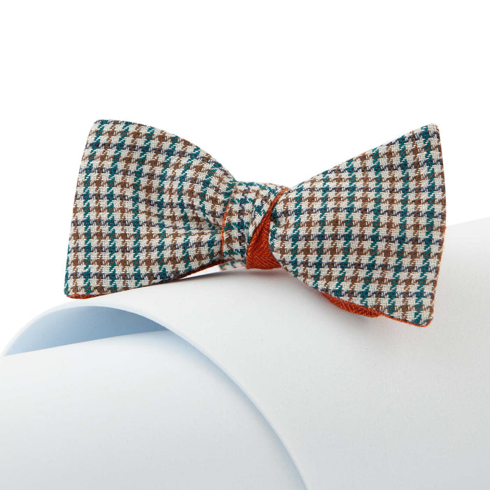 Papillon Da Annodare Double Face Arancione in Lana con Design Geometrico Verde e Marrone