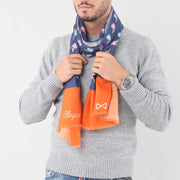 Sciarpa In Mussola Di Lana Blu e Arancio con Design Illogico Aquile