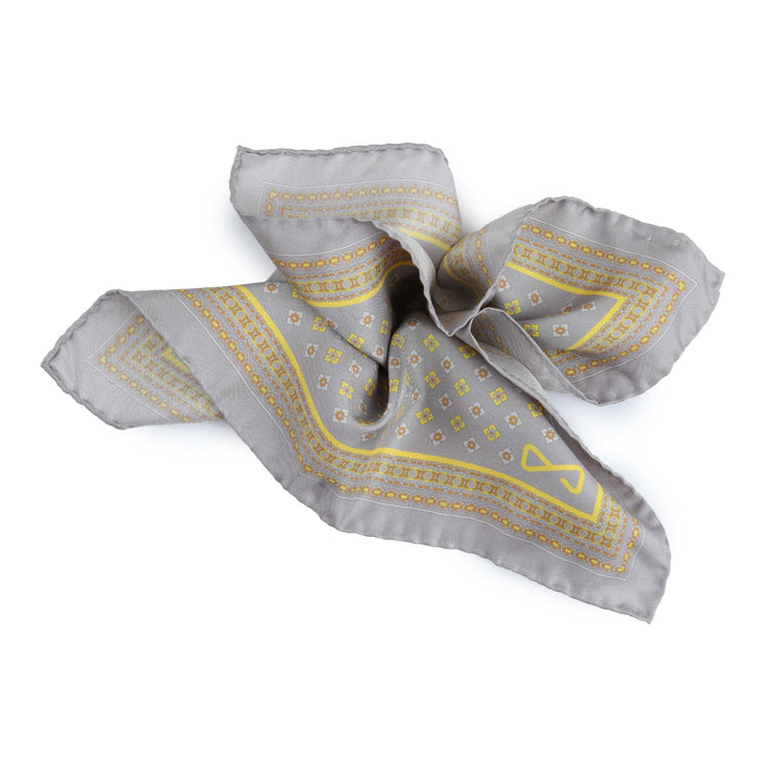 Pochette In Seta Grigio Con Fantasia Geometrica Gialla