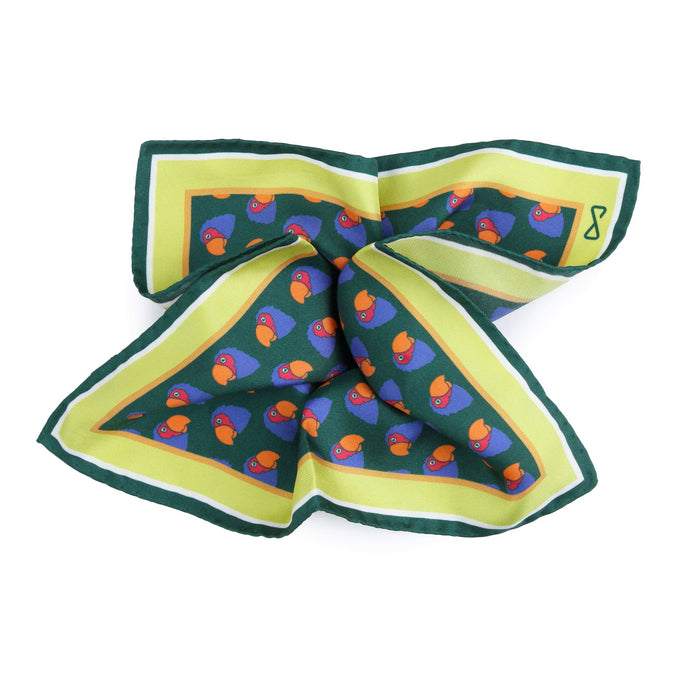 Fazzoletto da Taschino Verde e Giallo In Seta Con Design Pappagallo