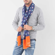 Sciarpa In Mussola Di Lana Blu e Arancio con Design Illogico Aquile