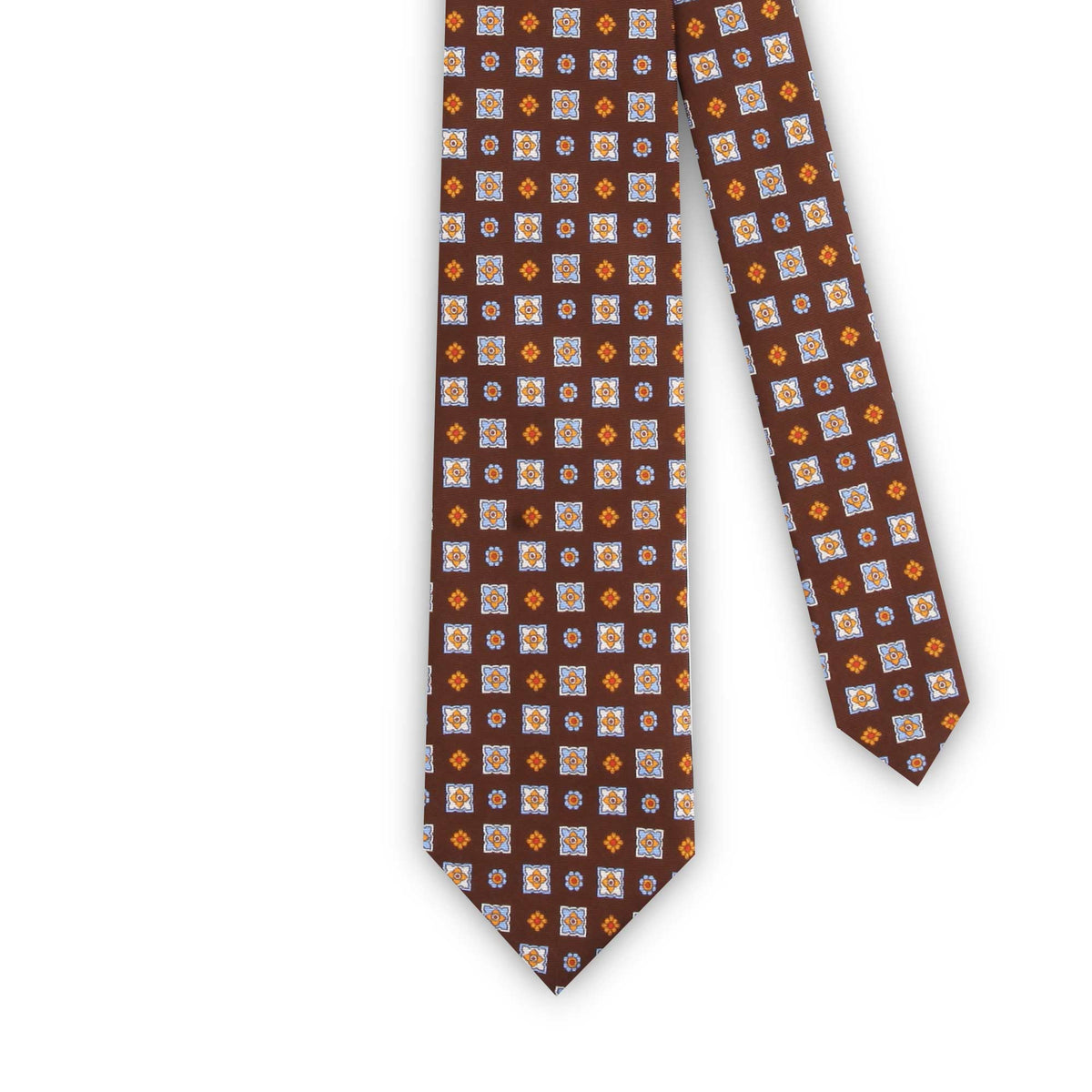 Cravatta In Seta Marrone Con Fantasia Geometrica Gialla