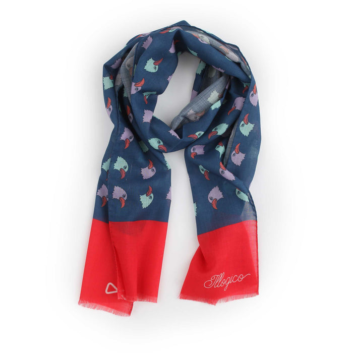 Sciarpa In Mussola Di Lana Blu e Rossa con Design Illogico Aquile