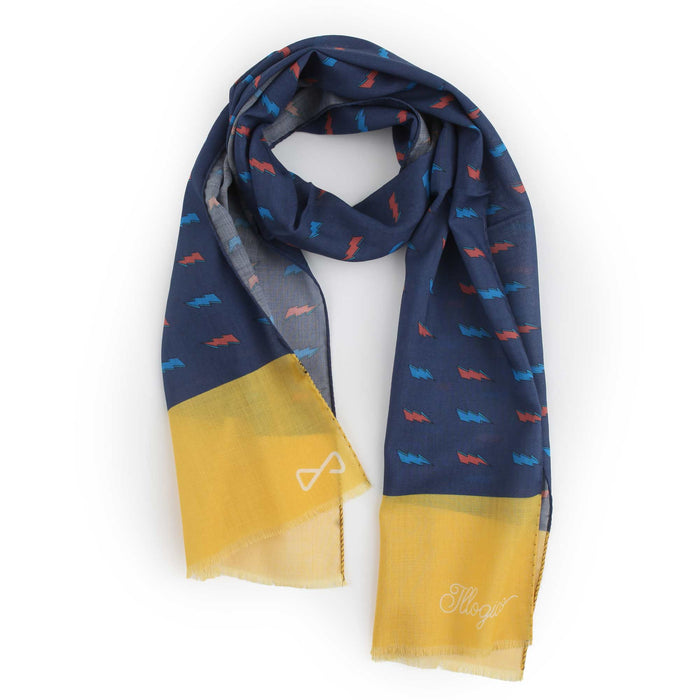 Sciarpa In Mussola Di Lana Blu e Giallo con Design Illogico Fulmini