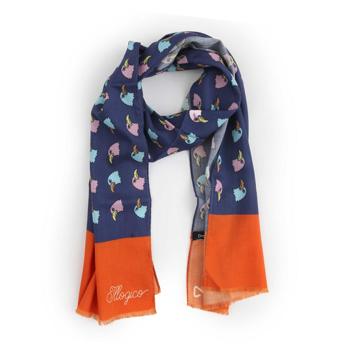 Sciarpa In Mussola Di Lana Blu e Arancio con Design Illogico Aquile