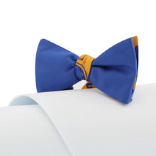 Load image into Gallery viewer, Pure Silk Blue Double Face Self Tied Bow Tie Yellow Illogico Pattern

