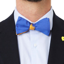 Load image into Gallery viewer, Pure Silk Blue Double Face Self Tied Bow Tie Yellow Illogico Pattern
