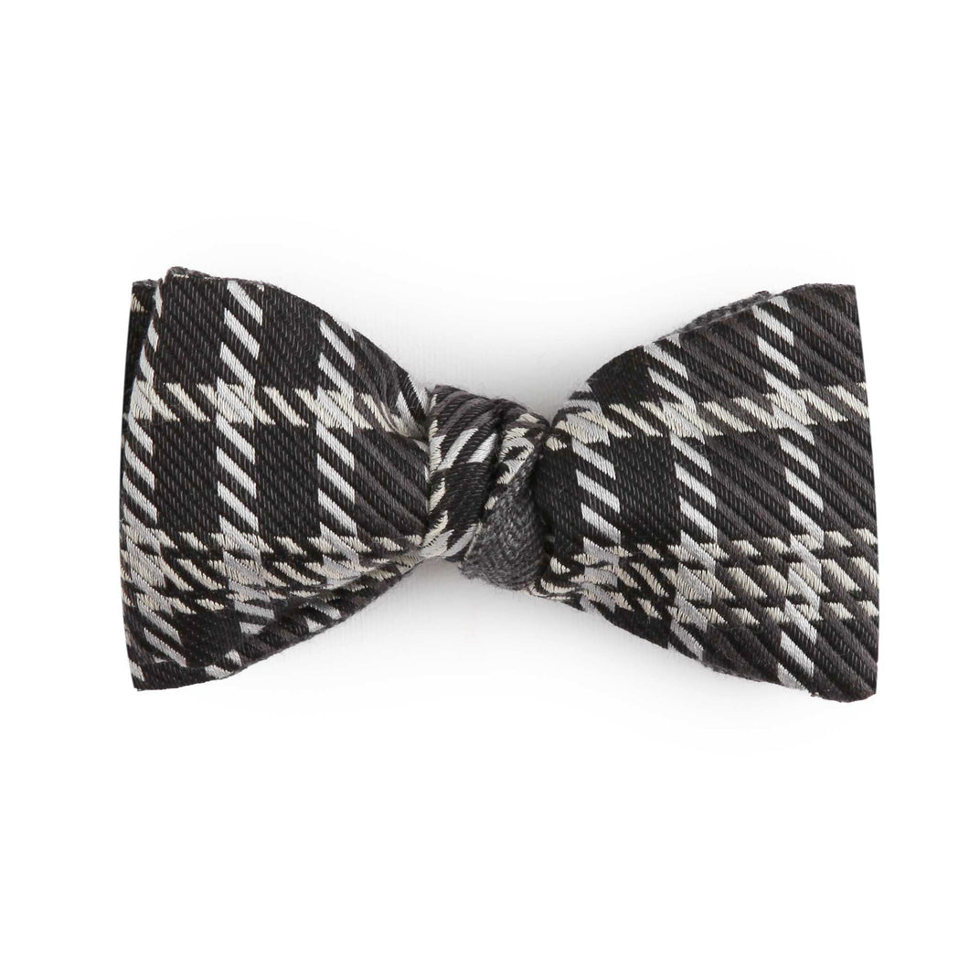 Wool & Cashmere Grey Double Face Self Tied Bow Tie Black Geometric Pattern