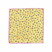 Fazzoletto da Taschino in Seta Gialla con bordo Viola Pattern Illogico aperto