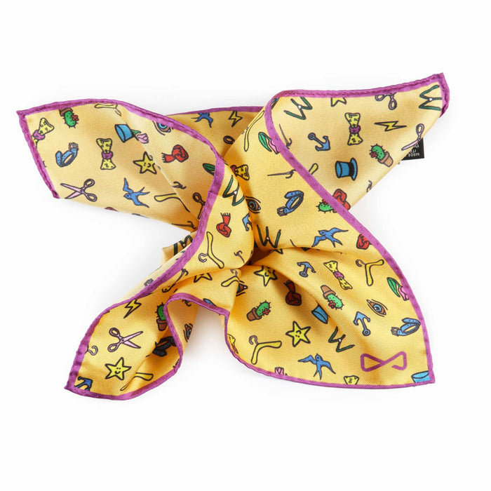 Fazzoletto da Taschino in Seta Gialla con bordo Viola Pattern Illogico