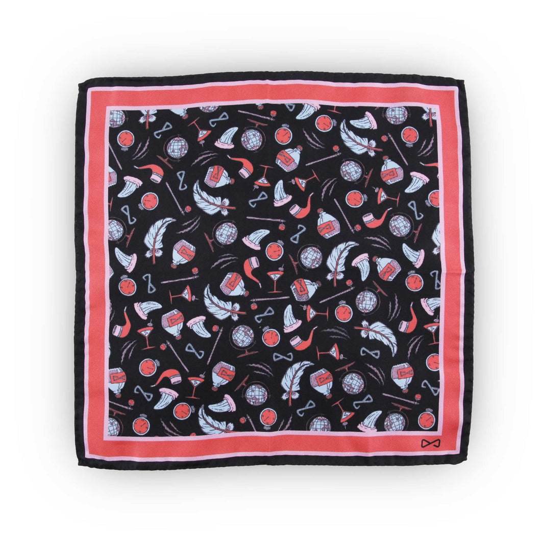 Black Pure Silk Pocket Square in Red Pattern