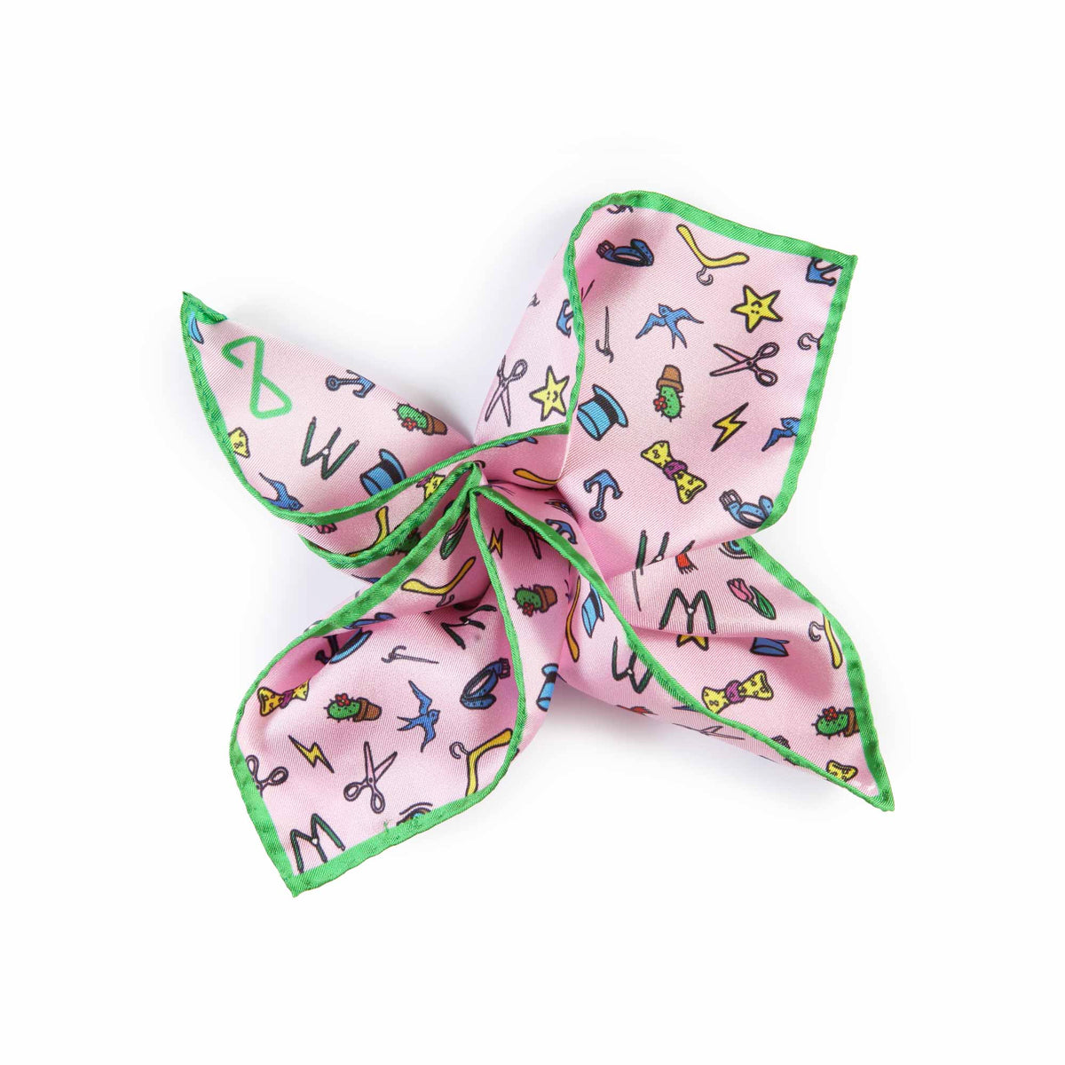 Fazzoletto da Taschino Rosa con bordo Verde in Seta Pattern Illogico