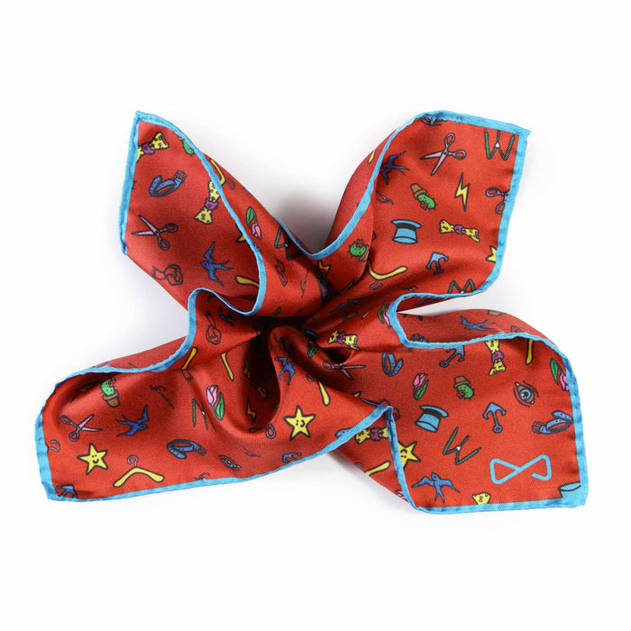 Fazzoletto da Taschino in Seta Rossa con bordo blu Pattern Illogico