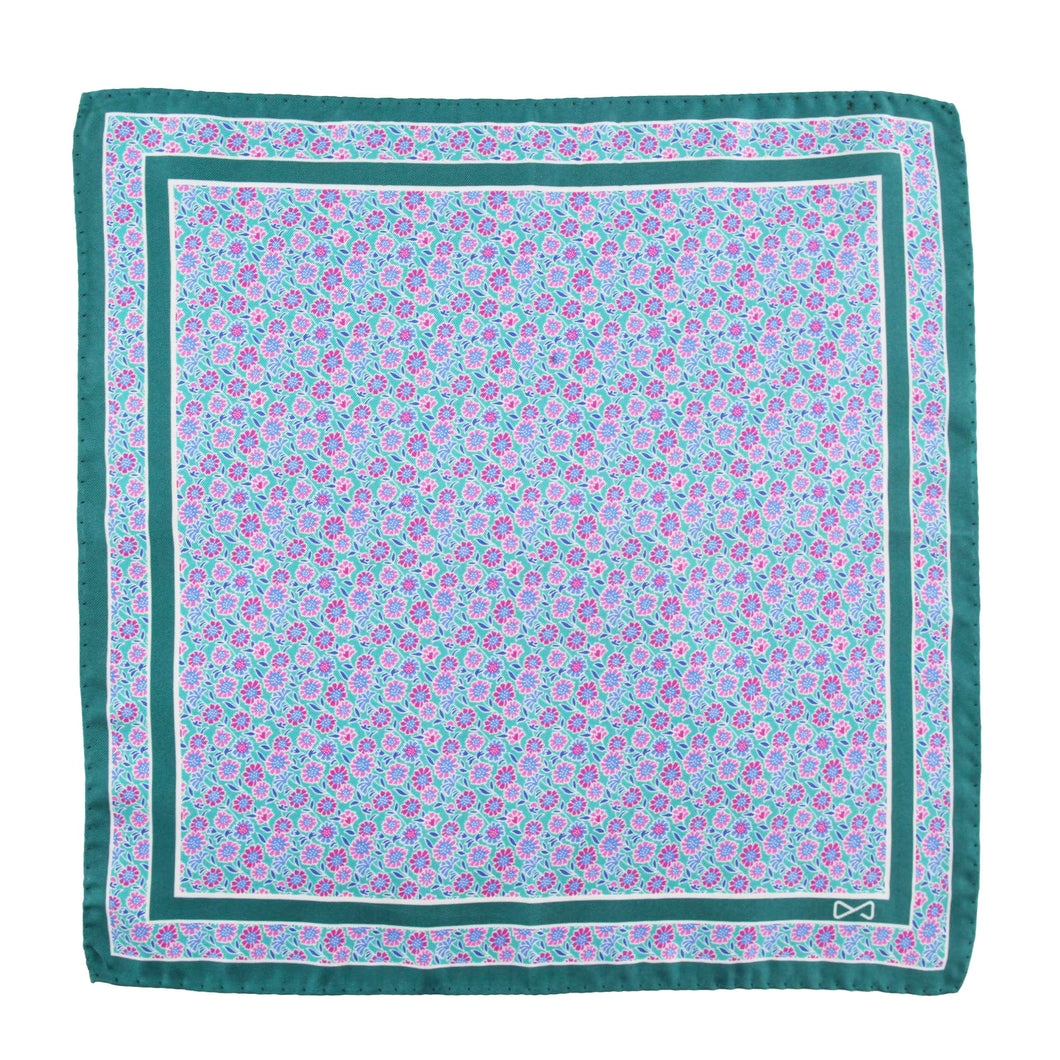 Green Pure Silk Pocket Square in Floral Pattern