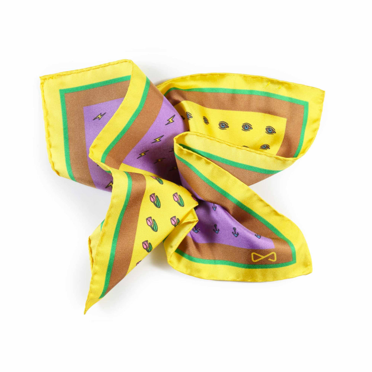 Fazzoletto da Taschino Giallo e Viola in Seta con Fantasia Multicolor