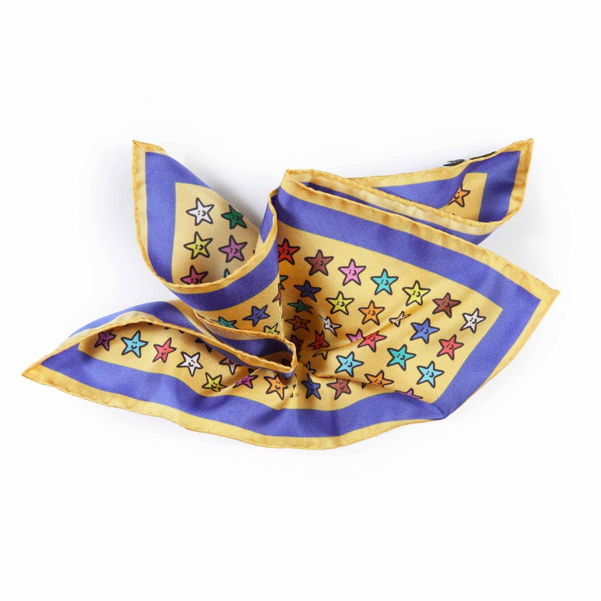 Fazzoletto da Taschino in Seta Gialla e Blu con pattern Stella