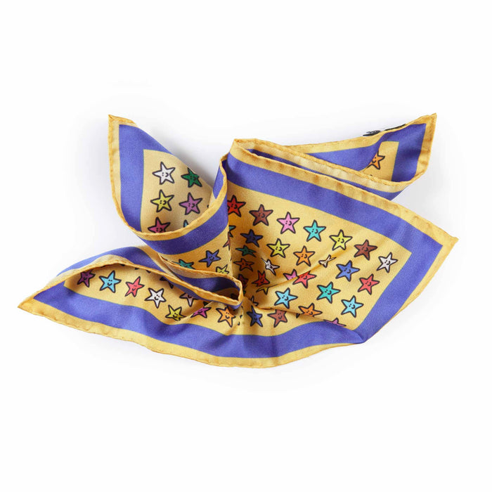 Fazzoletto da Taschino in Seta Gialla e Blu con pattern Stella