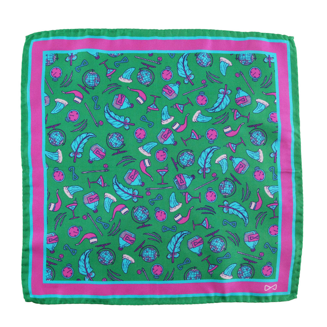 Green Pure Silk Pocket Square in Light Blue Pattern