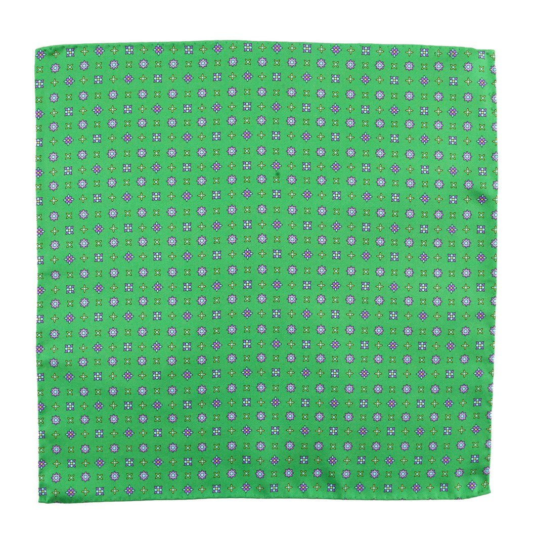 Green Pure Silk Pocket Square in Geometric Pattern