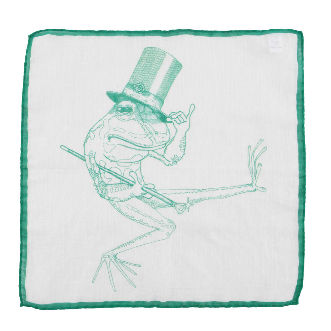 White Linen & Cotton Pocket Square in Green Frog Pattern