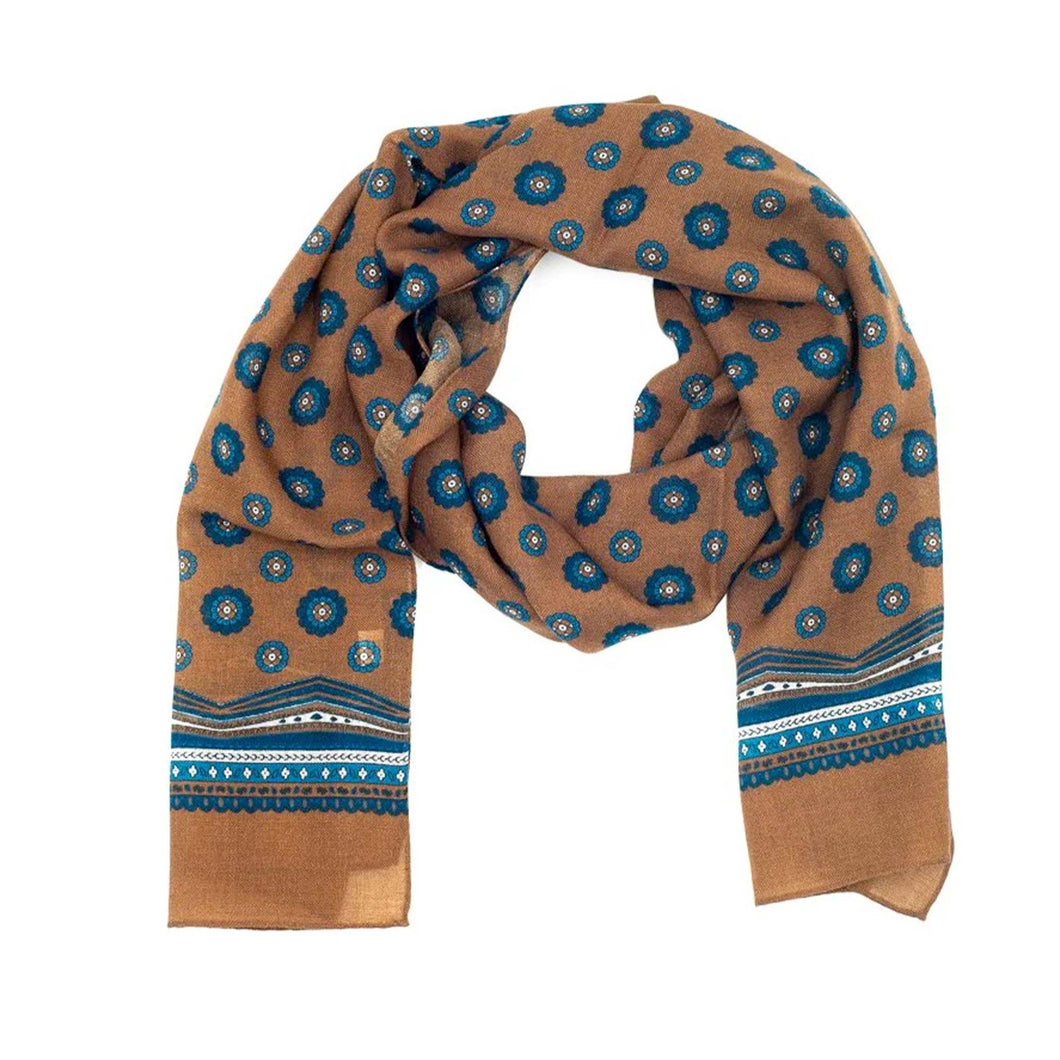 Camel Wool Scarf in Floreal Pattern