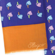 Carica l&#39;immagine nel visualizzatore di Gallery, Sciarpa In Mussola Di Lana Blu e Arancio con Design Illogico Aquile
