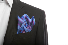 Load image into Gallery viewer, Blue Pure Silk Pocket Square in Purple Illogico Pattern
