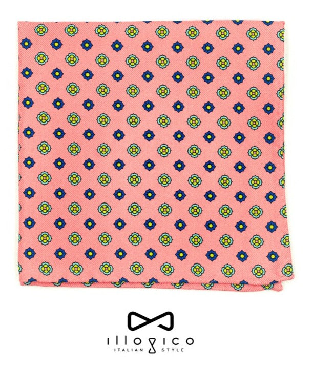 Pink Pure Silk Pocket Square in Light Blue Pattern