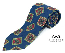 Load image into Gallery viewer, Blue Pure Silk Unlined Tie Green Geometric Pattern
