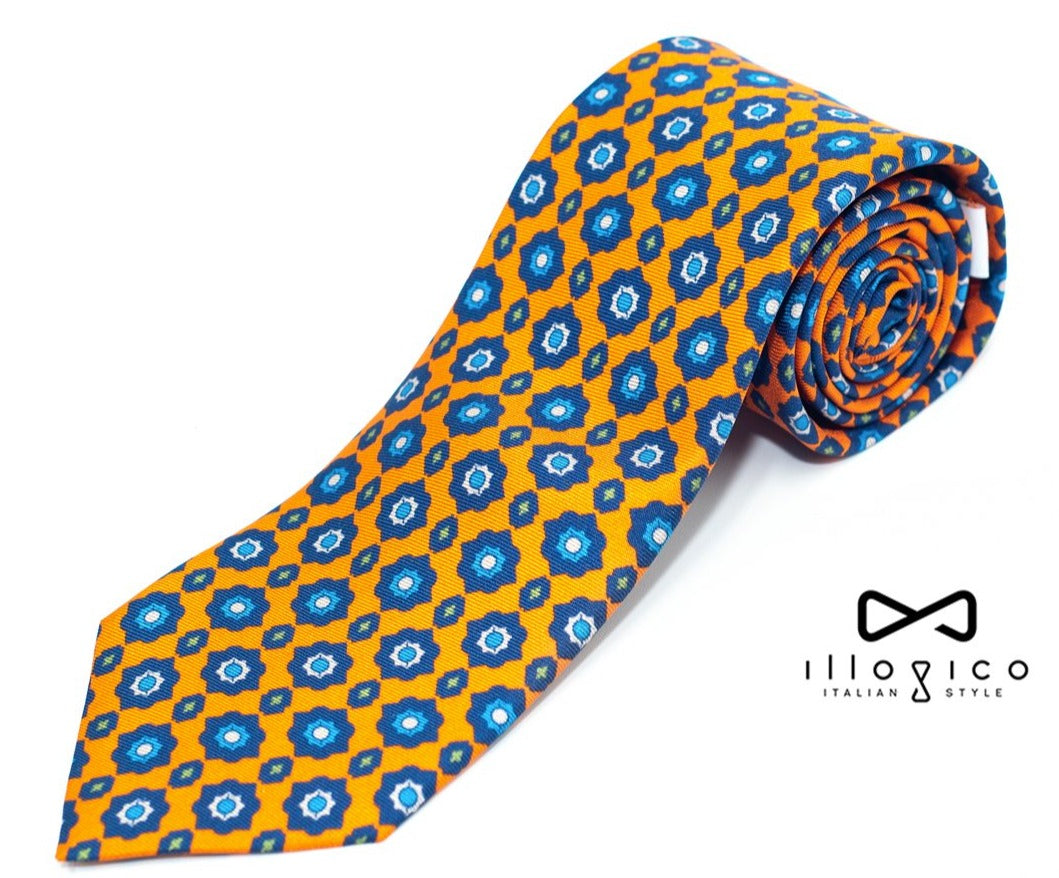 Orange Pure Silk Tie in Blue Circle Pattern