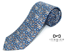 Load image into Gallery viewer, Grey Pure Silk Tie Blue Paisley Pattern
