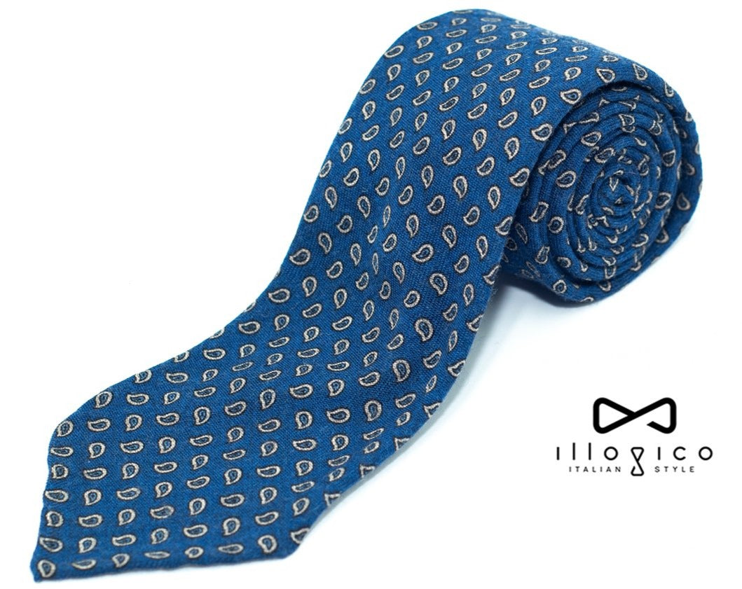 Blue Wool Unlined Tie Brown Drops Pattern