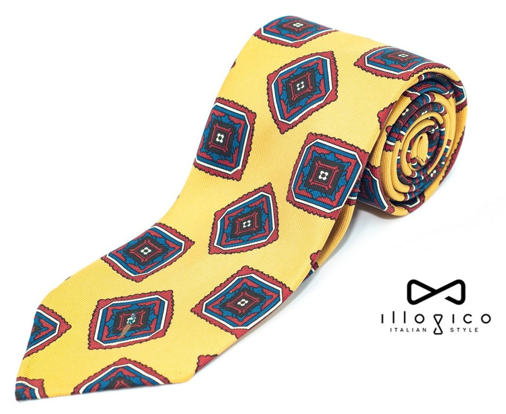 Yellow Pure Silk Unlined Tie Red Geometric Pattern