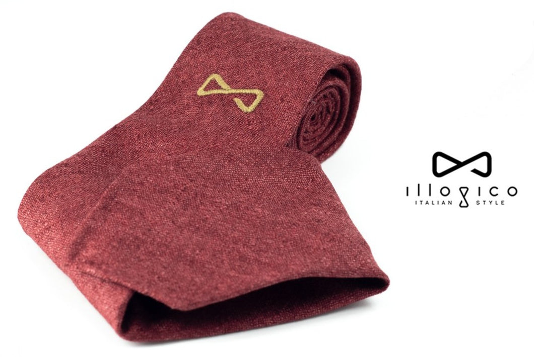 Red Cachemire and Silk Tie with Ocher Embroidered Logo 