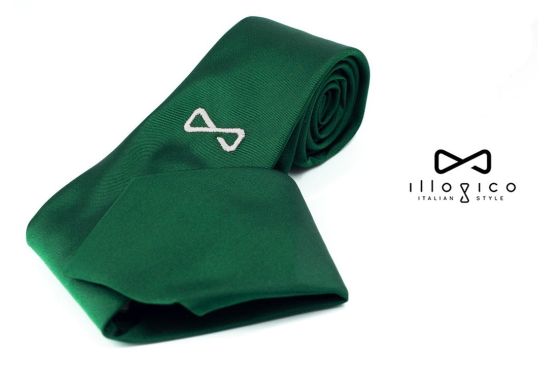 Green Pure Silk Tie with white embroidered logo