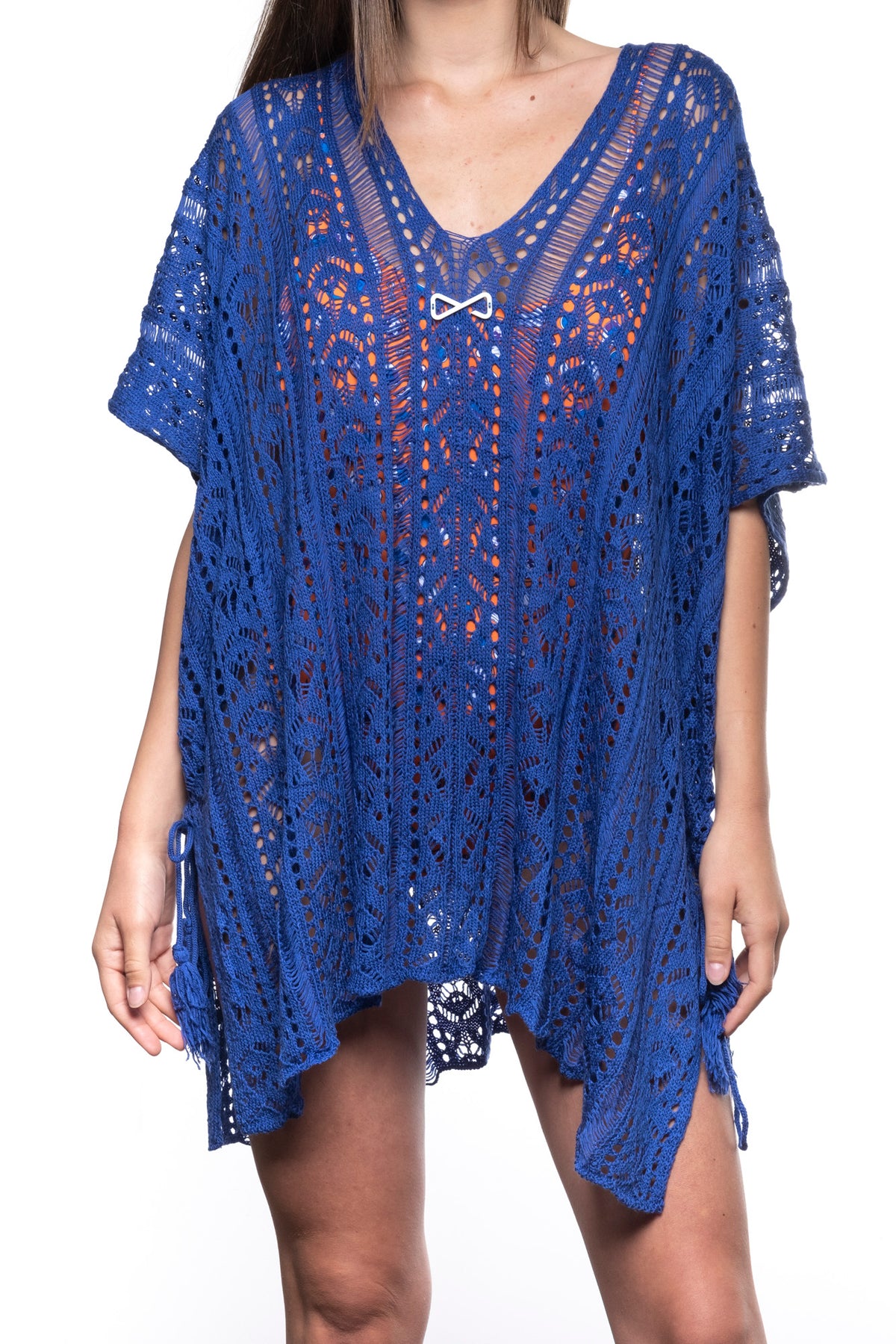Copricostume in maglia blu con logo bianco