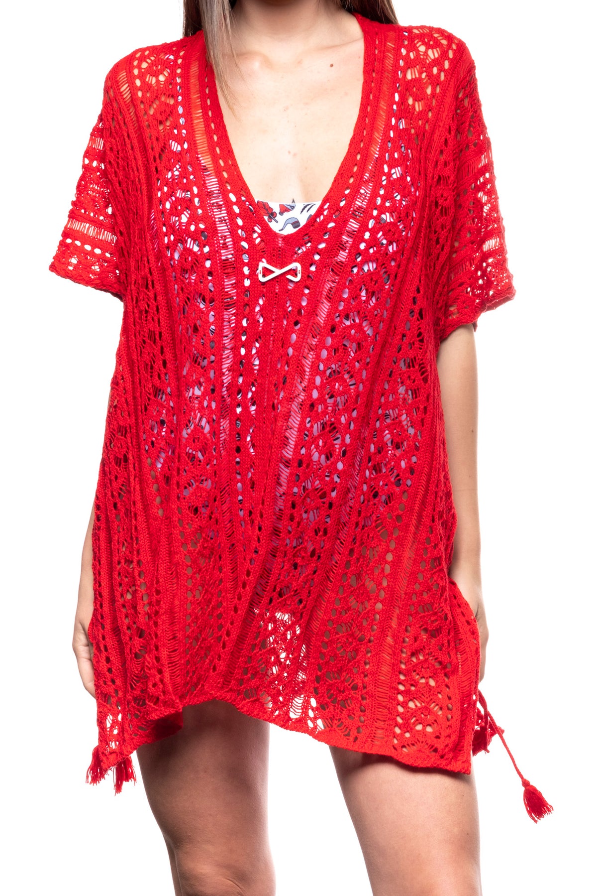 Copricostume in maglia rosso con logo bianco