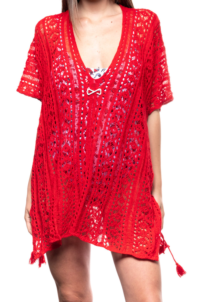 Copricostume in maglia rosso con logo bianco