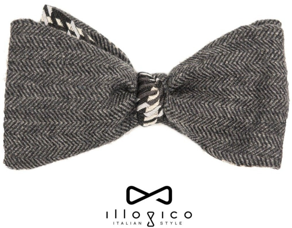 Wool & Cashmere Grey Double Face Self Tied Bow Tie Black Geometric Pattern