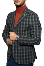 Load image into Gallery viewer, Single-Breasted Jacket Blu in Mixed Wool with Green Checked Pattern
