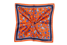 Load image into Gallery viewer, Orange Pure Silk Pocket Square in Blue Pattern
