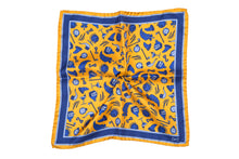 Load image into Gallery viewer, Yellow Pure Silk Pocket Square in Blue Illogico Pattern
