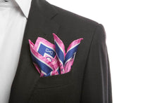 Load image into Gallery viewer, Pink Pure Silk Pocket Square in Blue Pattern
