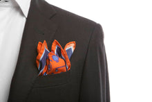 Load image into Gallery viewer, Orange Pure Silk Pocket Square in Blue Pattern
