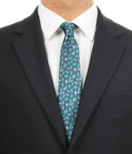 Load image into Gallery viewer, Blue Pure Silk Tie in Green Paisley Pattern 
