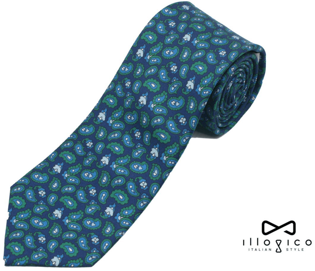 Blue Pure Silk Tie in Green Paisley Pattern 
