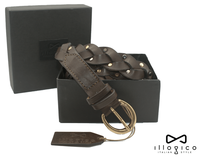Cintura marrone in vera pelle intrecciata con Borchie in ottone