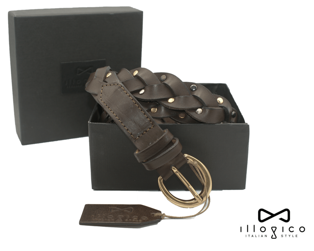 Brown belt in genuine woven leather with brass studs
