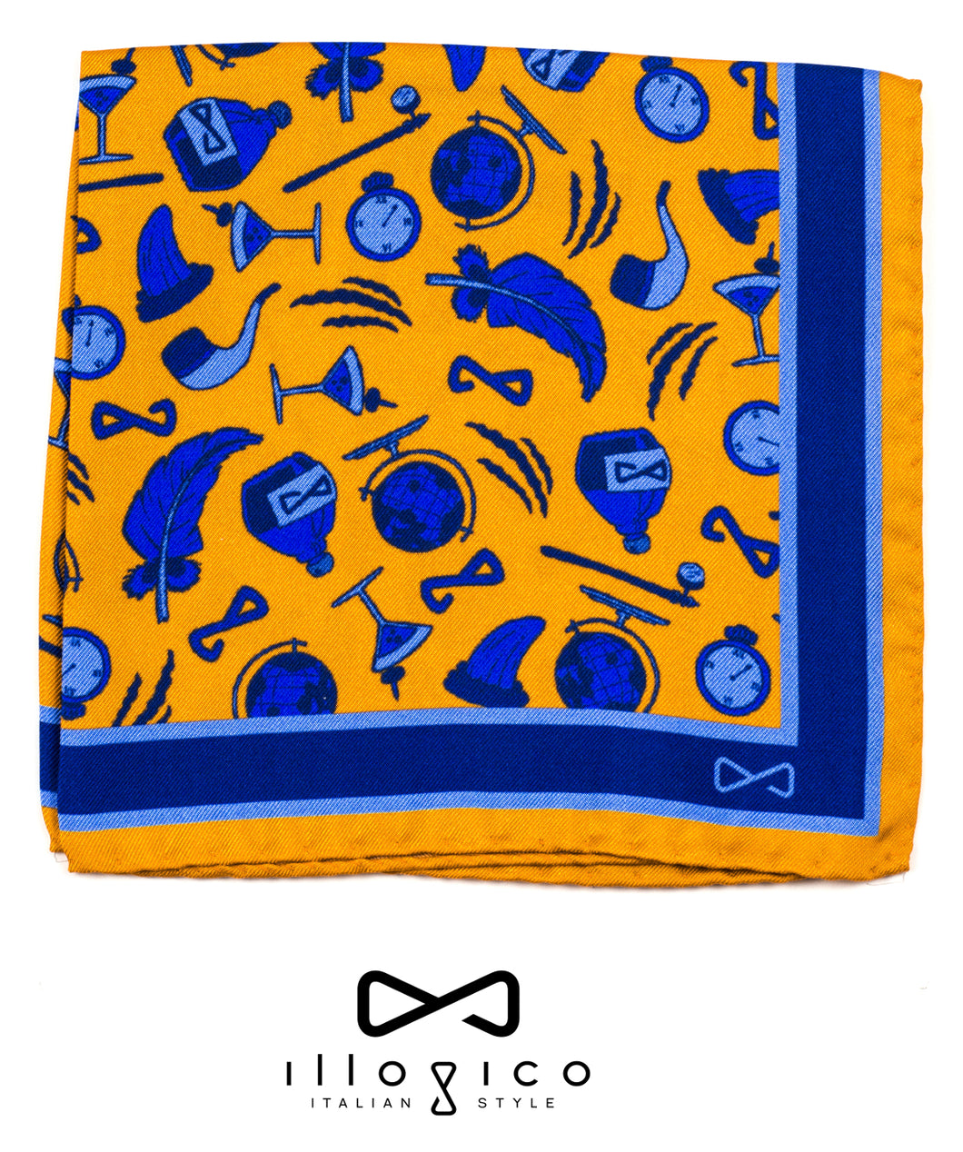 Yellow Pure Silk Pocket Square in Blue Illogico Pattern